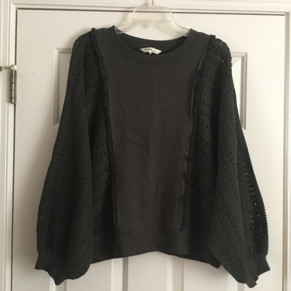 NWT ROCKS & INDIGO olive crochet fringe sweatshirt top L